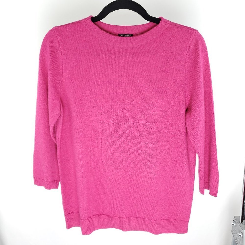Talbots Petites 100% Cashmere Pink/Fuschia 3/4 Sleeve Crewneck Sweater LP
